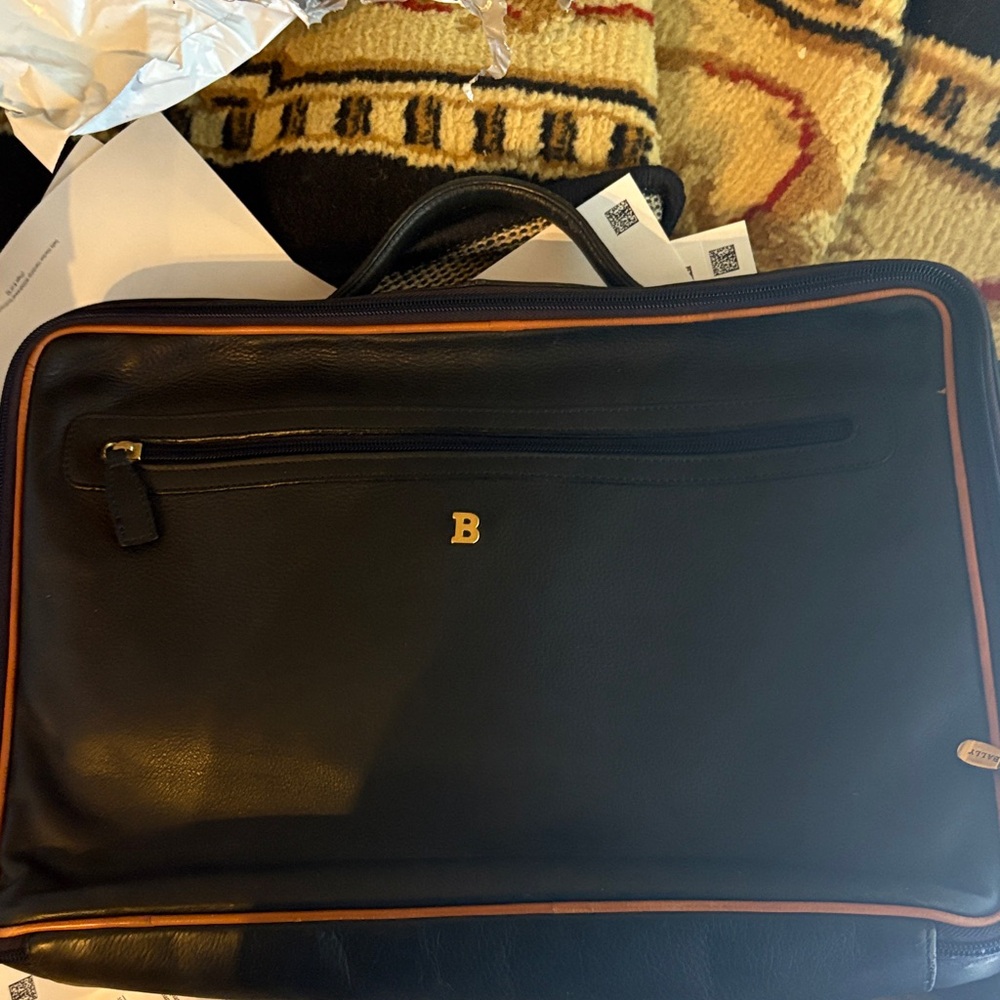 Bally Black Leather Laptop Briefcase with Brown Trim